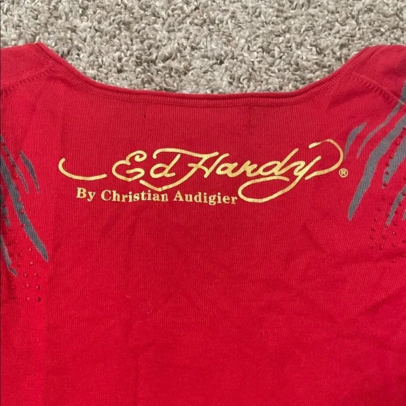 Ed Hardy by Christian Audigier tattoo art Red and Gray Long Sleeve Top - Picture 7 of 8